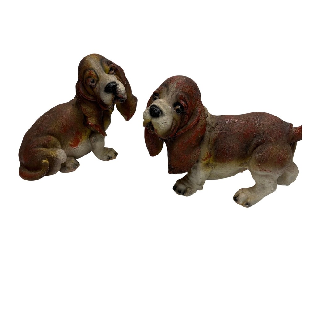 Vintage Style Basset Hound Puppy Figurines Set of 2 Brown Tan Dog Statues